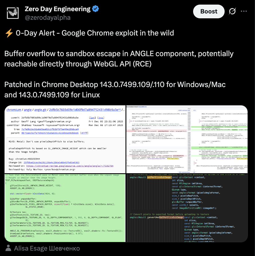 0-Day Alert: Google Chrome ANGLE/WebGL sandbox escape — @zerodayalpha