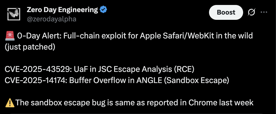 0-Day Alert: Apple Safari/WebKit full-chain, same ANGLE bug as Chrome — @zerodayalpha