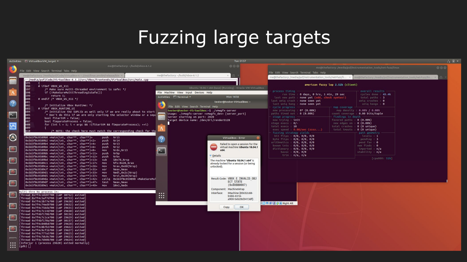 Fuzzing large targets — real AFL session on VirtualBox