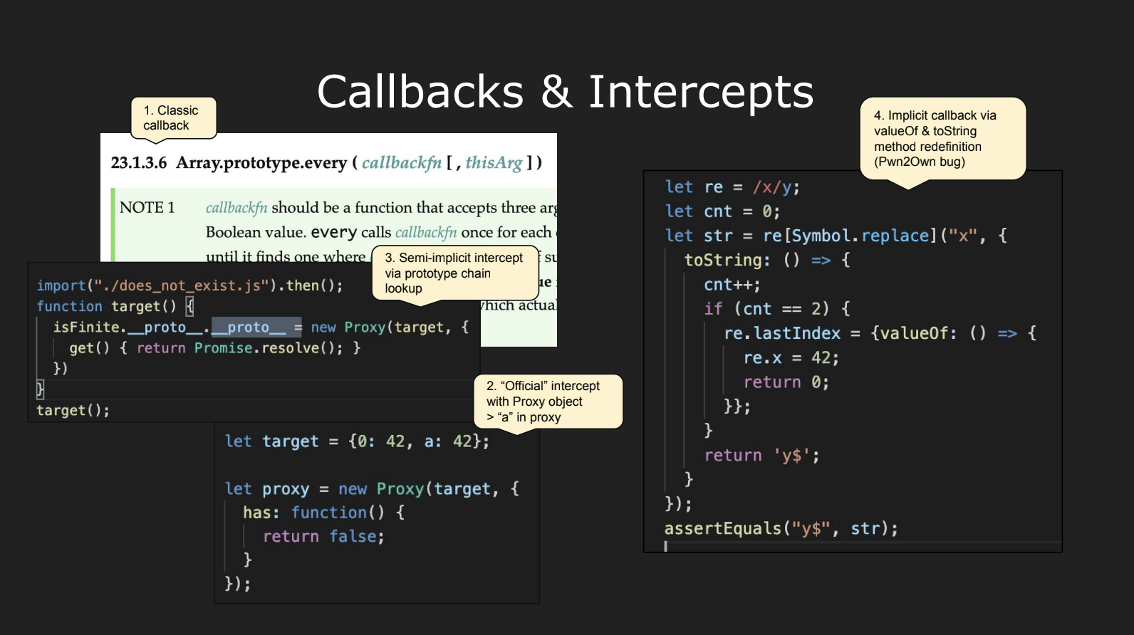 JavaScript engine callbacks and intercepts including a Pwn2Own bug