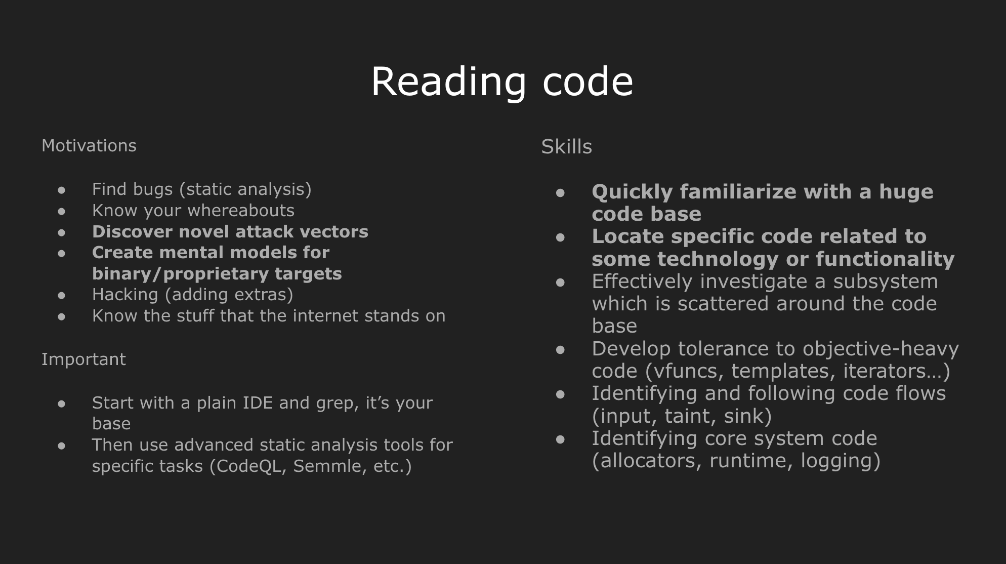 Reading code — motivations and skills for static analysis in vulnerability research